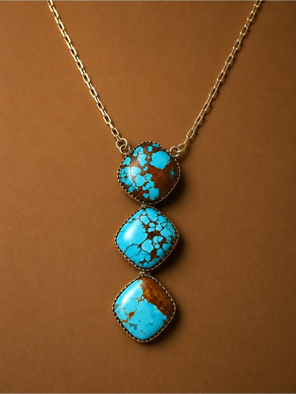 Sterling Silver Southwestern style Triple Stone Turquoise Pendant Necklace -